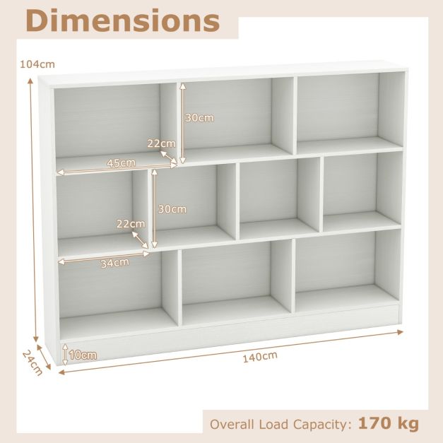 3-Tier Organizer 10-Cube Bookshelf 140CM Wood Display Shelf for Living Room-White