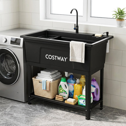 100L Utility Sink Laundry Tub with Rotating Faucet Storage Shelf Drip Tray Adjustable Legs-Black
