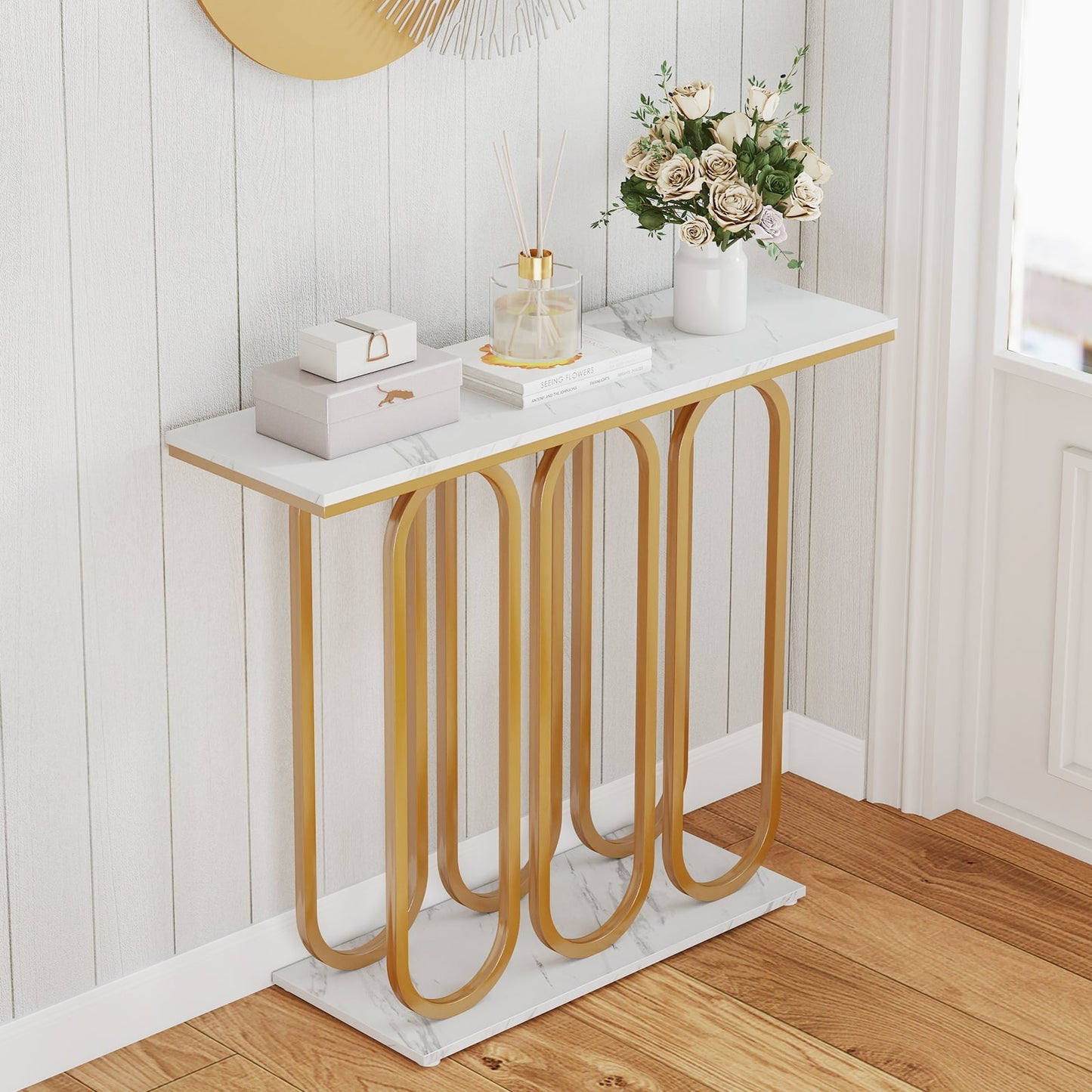 100 CM Faux Marble Entryway Table with Adjustable Foot Pads-White