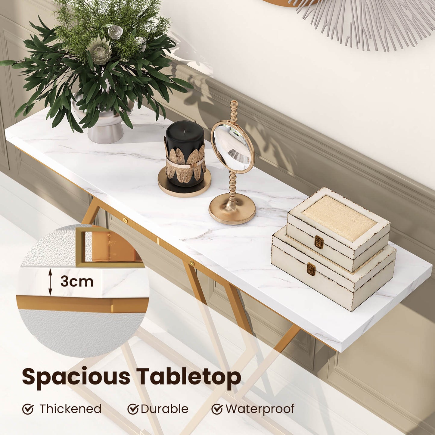 100 cm Gold Console Table with Diamond Shape Geometric Frame-White & Golden