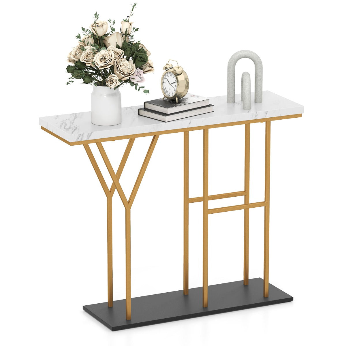 100 CM Console Table with HY-Shaped Metal Frame for Hallway Living Room-White