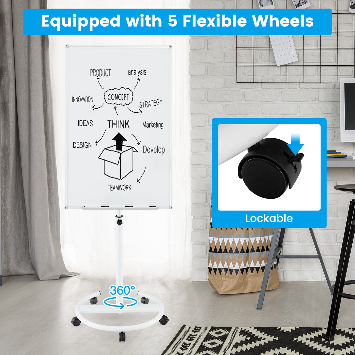 100 cm x 65 cm Height-Adjustable Magnetic Whiteboard on Wheels-White