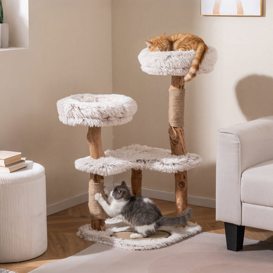 101CM Cat Tree Tower with Real Wood Natural Branch and 2 Padded Perches-Natural & White