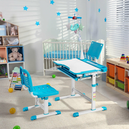 Height Adjustable Kid's Tilted Desk Set with Lamp & Drawer-Blue