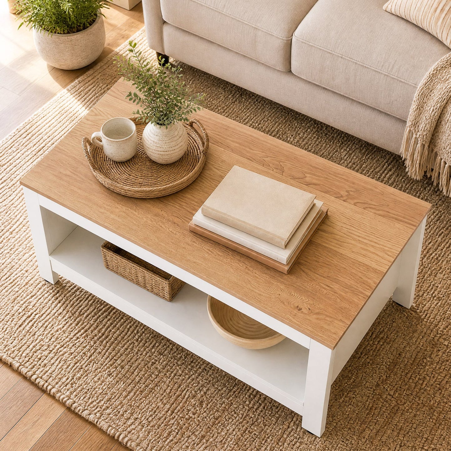 105 cm 2-Tier Farmhouse Coffee Table with Wood Grain Top & Open Storage Shelf-Natural & White