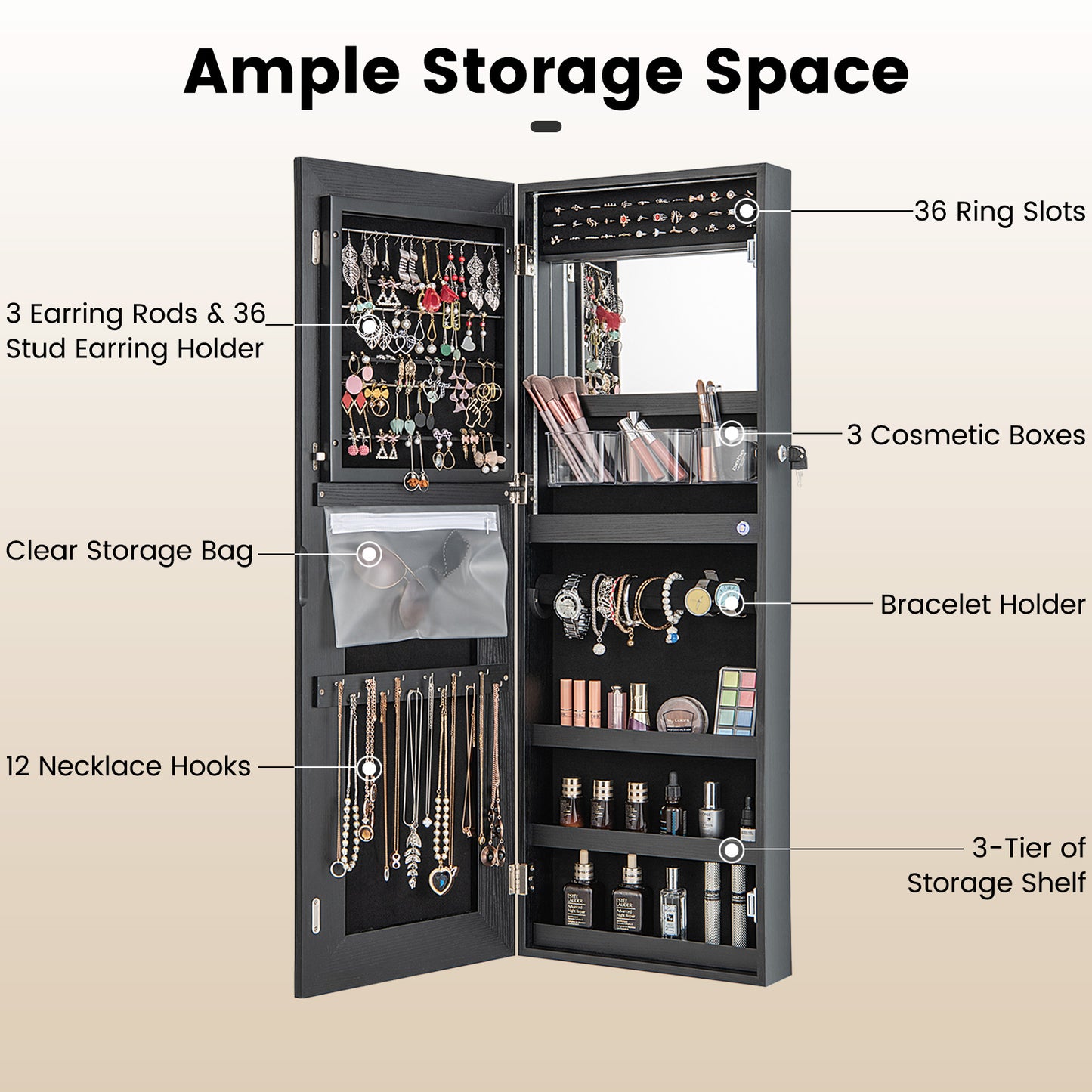 108cm Lockable Jewelry Mirror Cabinet with 3-Color LED Lights-Black1
