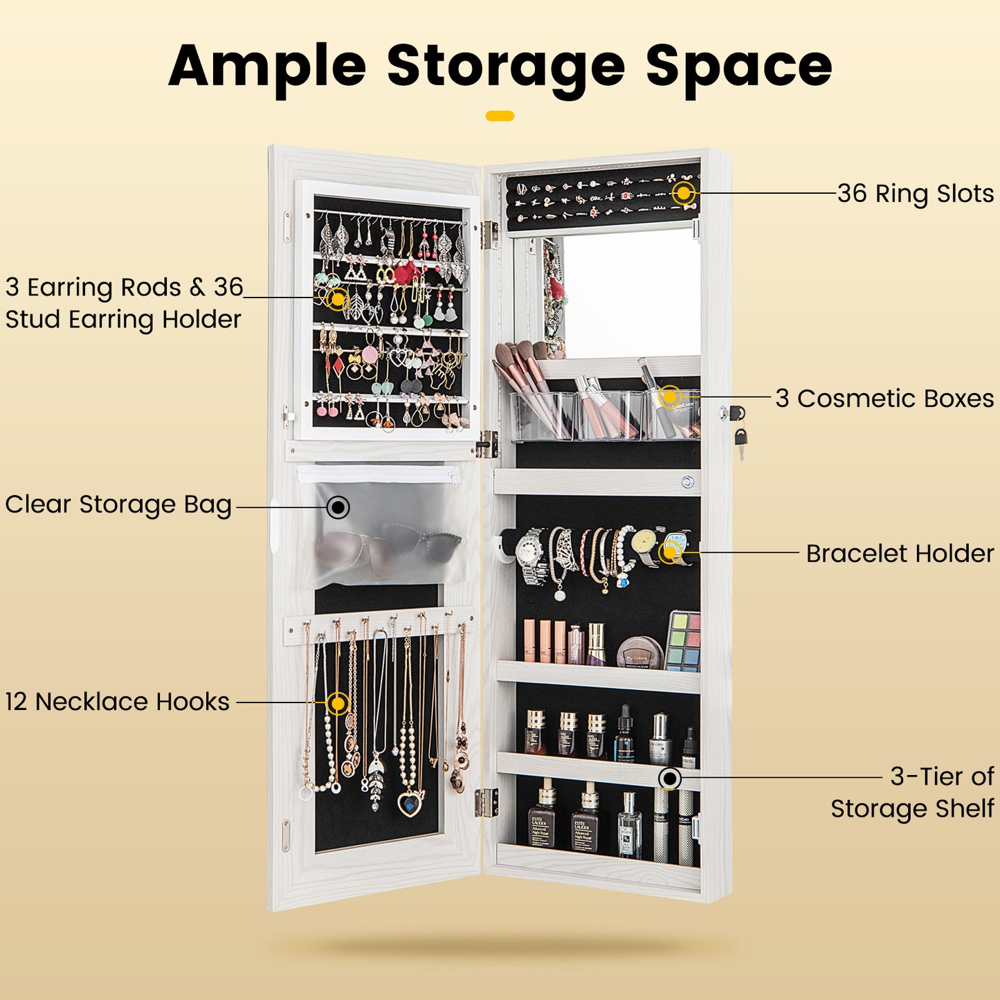 108cm Lockable Jewelry Mirror Cabinet with 3-Color LED Lights-White