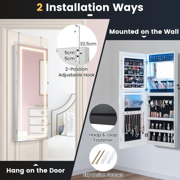 108cm Lockable Jewelry Mirror Cabinet with 3-Color LED Lights-Black