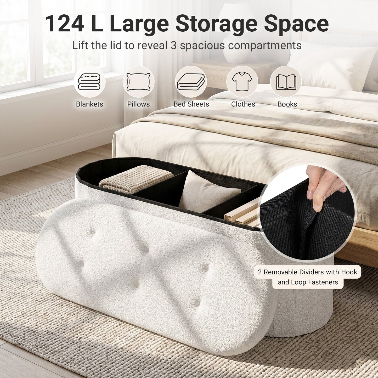 109cm Oval Ottoman with Dividers and Storage-Beige