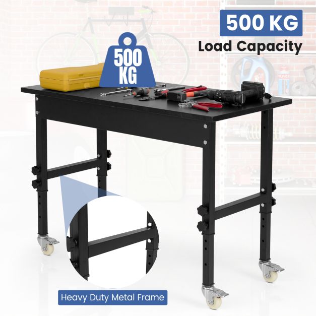 10 Level Height Adjustable Workbench with 4 Lockable Casters-Black