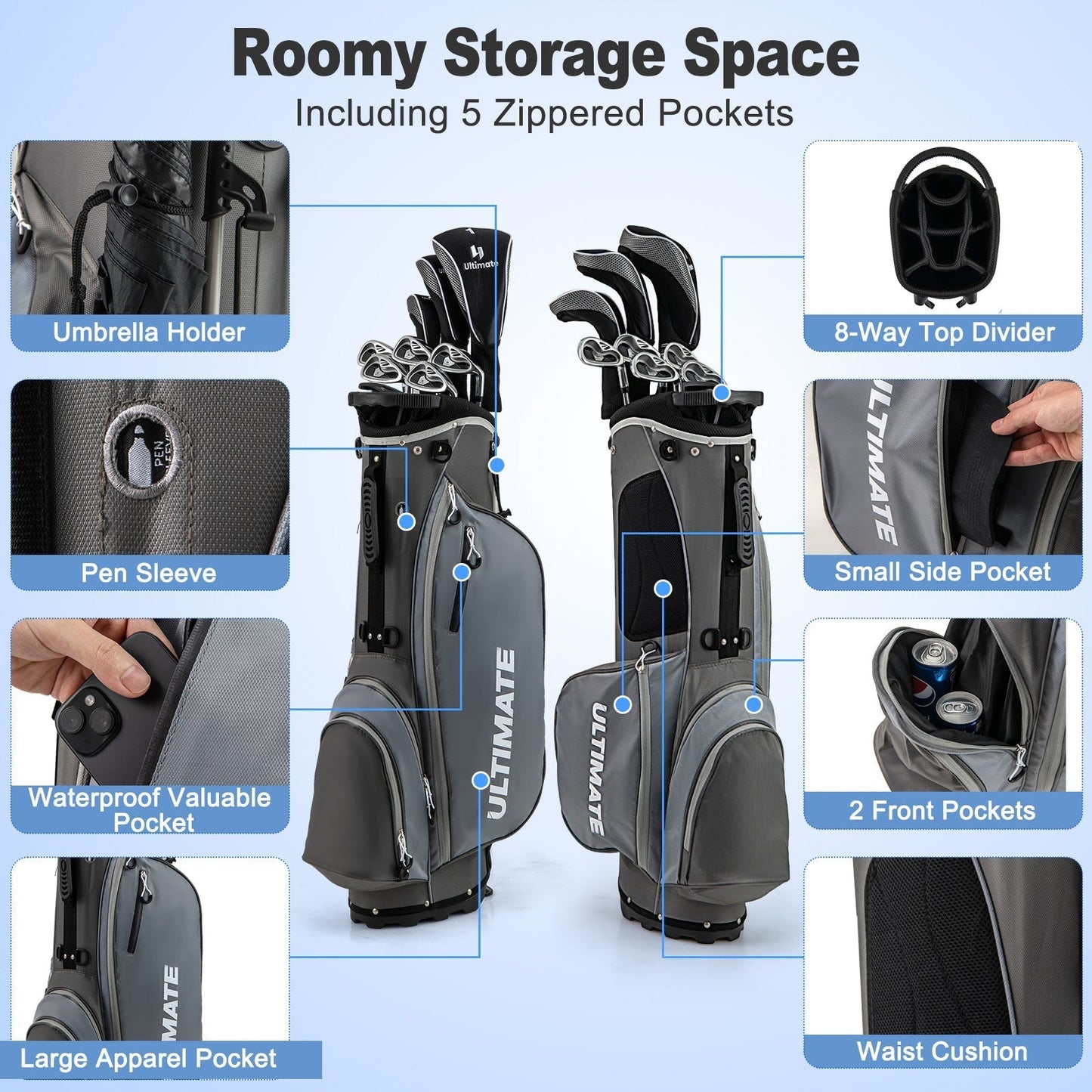 Complete Golf Club Package Set with oversize aluminum driver for Outdoor Use-Grey