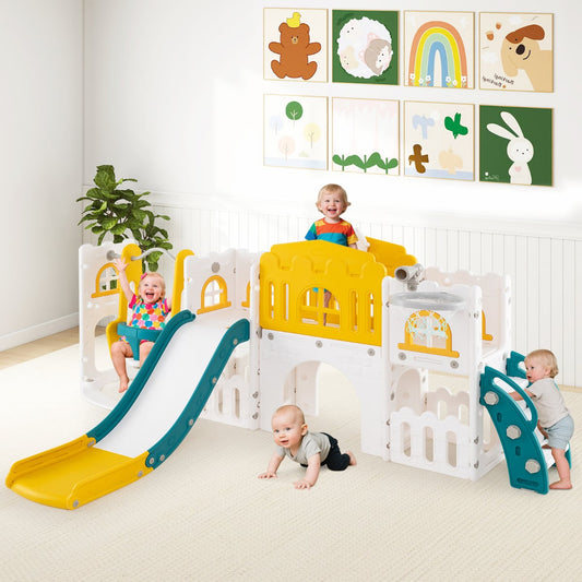 10 in 1 Toddler Swing and Slide Set Kids Indoor Playground-Yellow