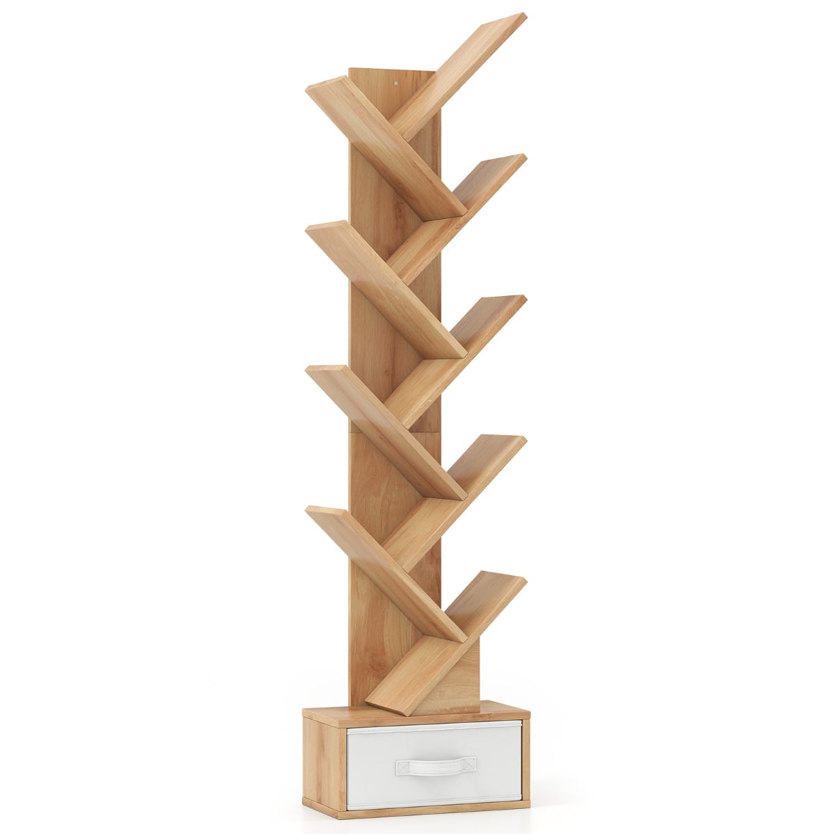 10-Tier Freestanding Tree Bookshelf with Drawer-Beige