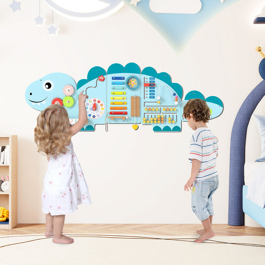 11-in-1 Dinosaur Activity Wall Busy Board Panels for Toddlers-Blue