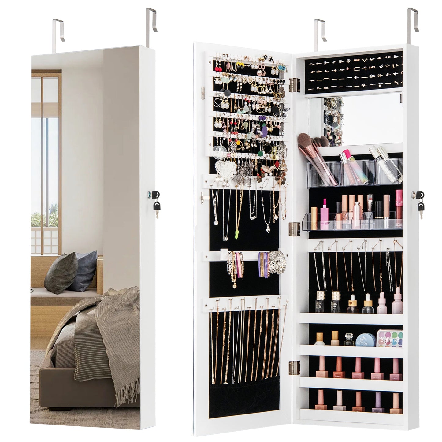 110 cm Jewelry Mirror Cabinet with Full-length Mirror and Interior Makeup Mirror-White