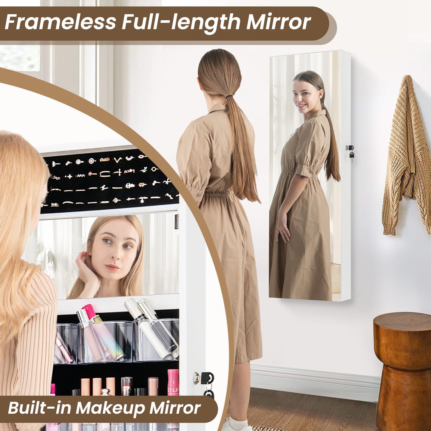 110 cm Jewelry Mirror Cabinet with Full-length Mirror and Interior Makeup Mirror-White