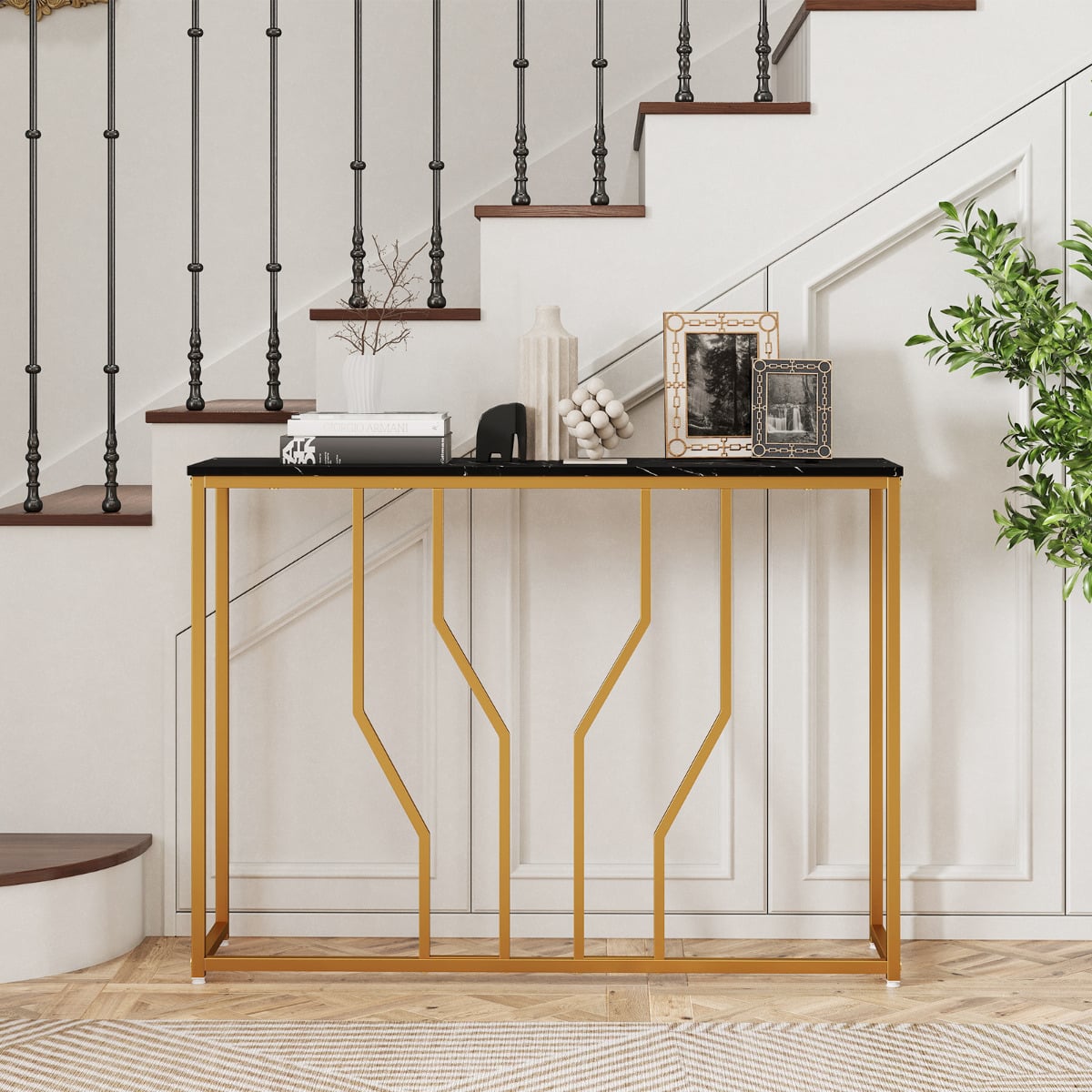 110 cm Gold Console Table Entryway Table with Faux Marble Tabletop-Black