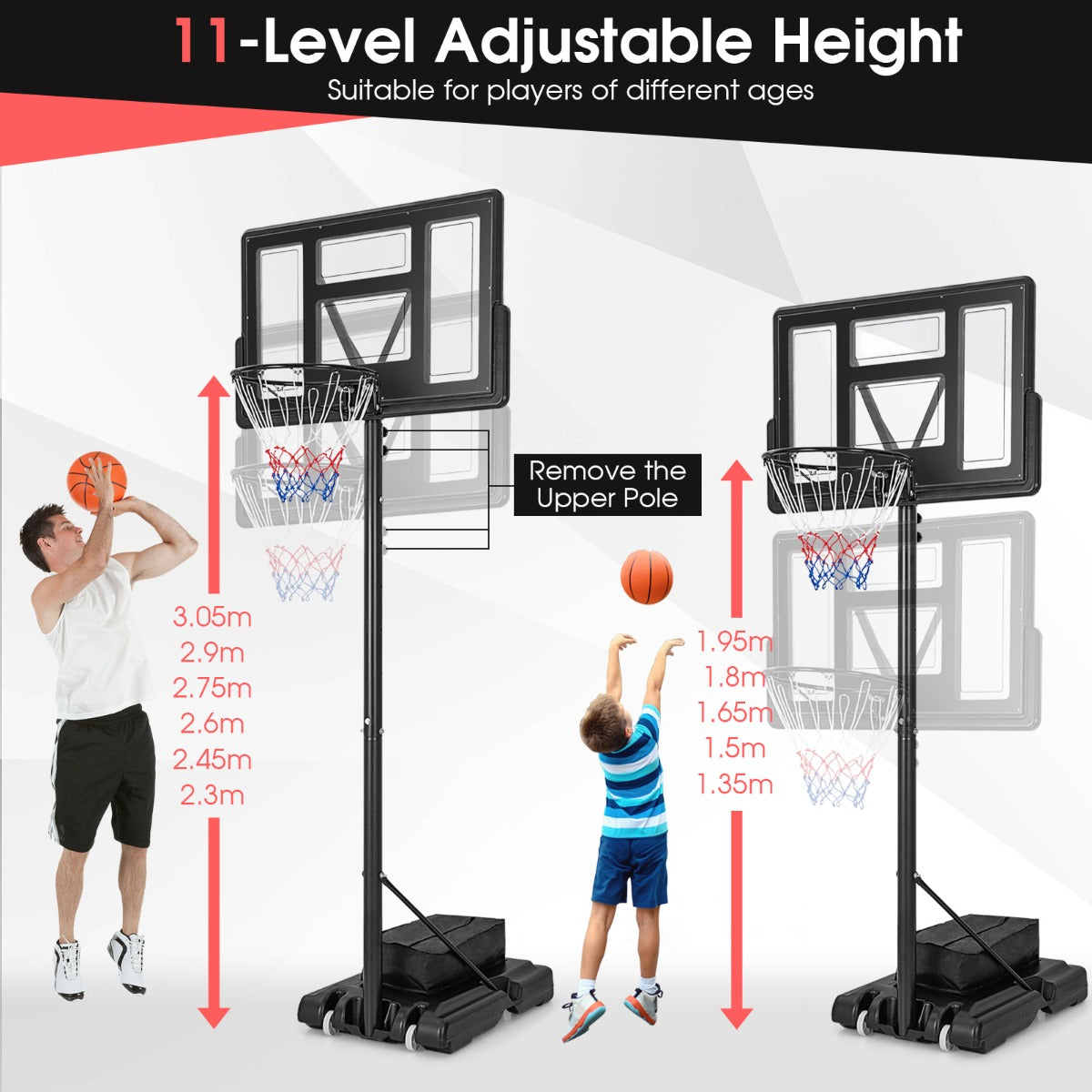 Portable Basketball Hoop with 11-Level Height Adjustable Basketball Hoop and Goal