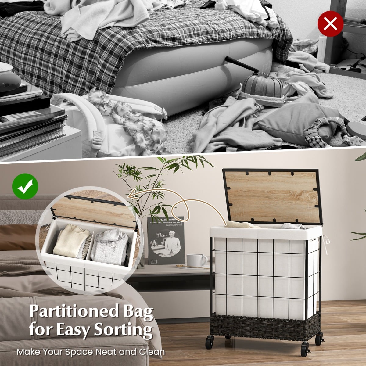 110L Large Capacity Handwoven Rattan Laundry Basket with Lid and Lockable Wheels-Black