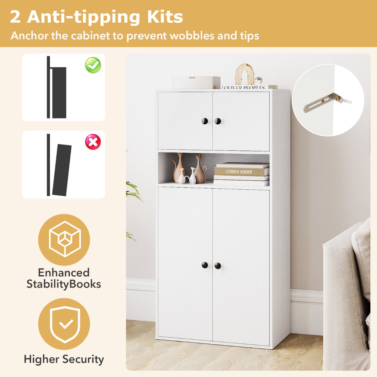 111 cm Tall Bookcase with 4 Doors 4-Tier Modern Storage Organizer with and Adjustable Shelf-White