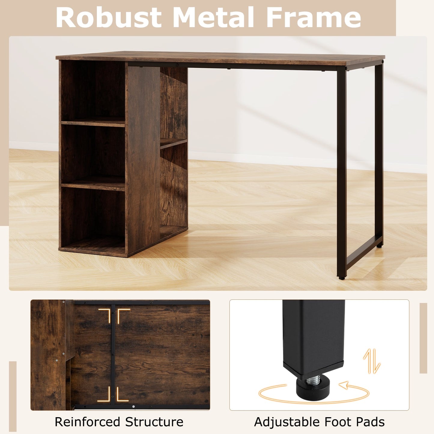 115 CM Computer Desk with 5 Storage Compartments-Brown