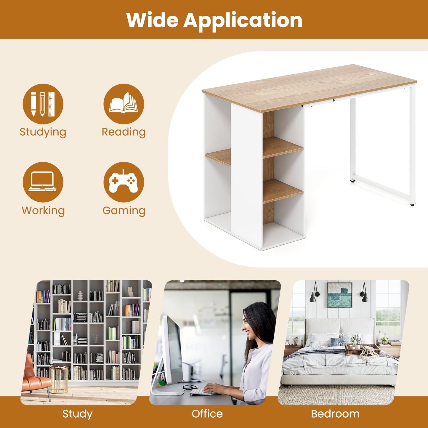 115 CM Computer Desk with 5 Storage Compartments-Natural