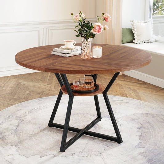 118 CM Round Dining Table with Storage Shelf and Wooden Tabletop-Brown