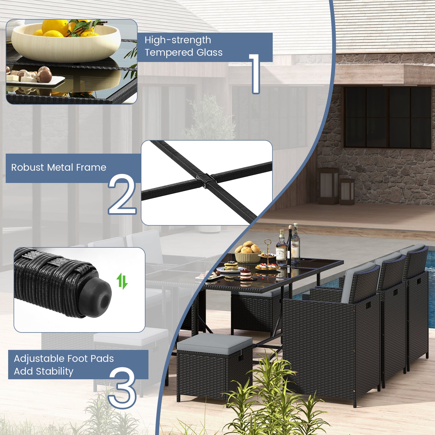 11 Pieces Patio Dining Set with Ottomans for Garden Yard Poolside-Grey