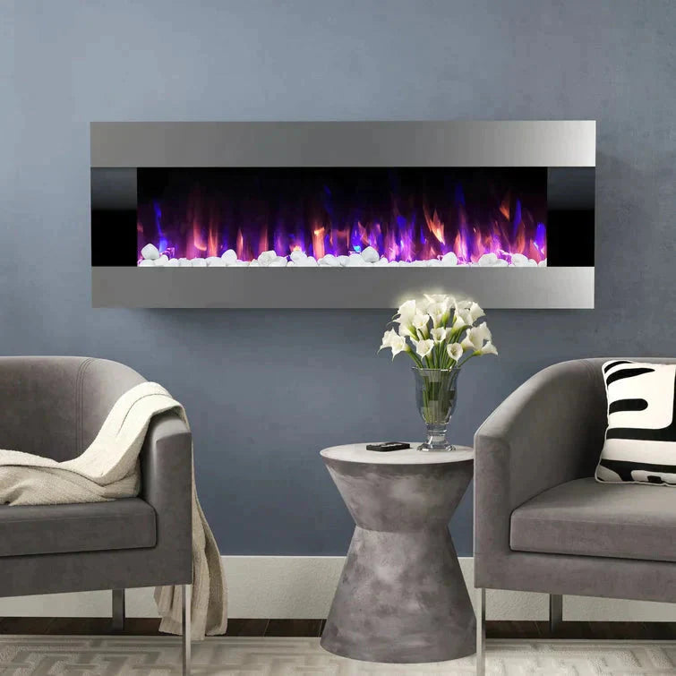 50/60 Inch Silver Electric Fireplace Crystal Accents 6 Flame Colour Heater Wall Mounted Fireplaces