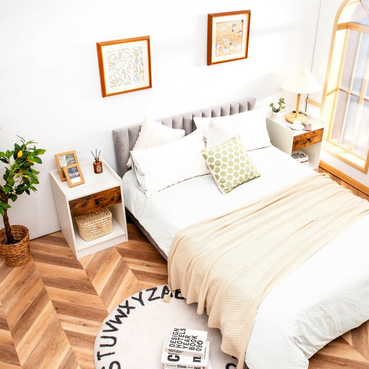 Set of 2 Bedside Table with a Drawer and Open Shelf-WHite