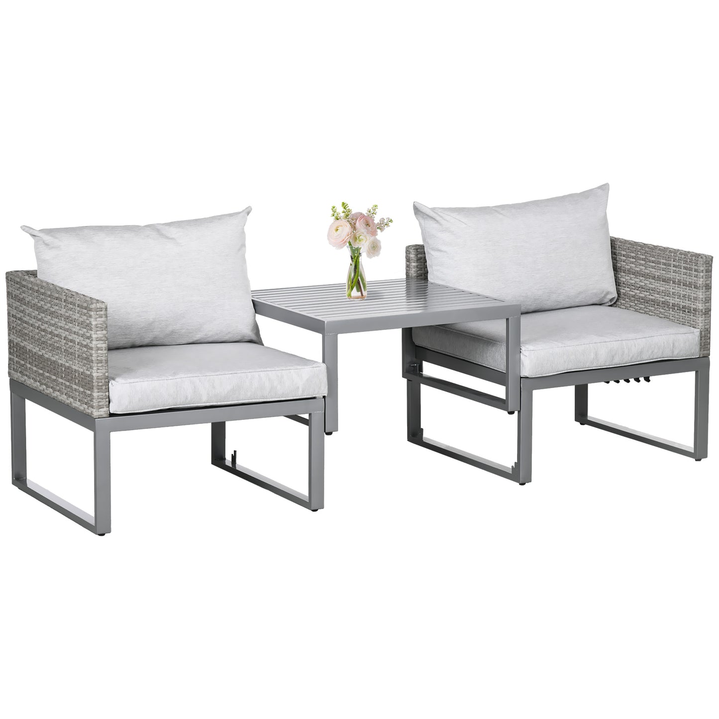Zestaw Outsunny 3 w 1 Rattan Bistro, Zestaw mebli ogrodowych z wikliny z 2-poziomowym podnoszonym stołem, Regulowana 3-osobowa sofa leżanka ze zmywalnymi poduszkami na zewnątrz, patio, balkon, Szary