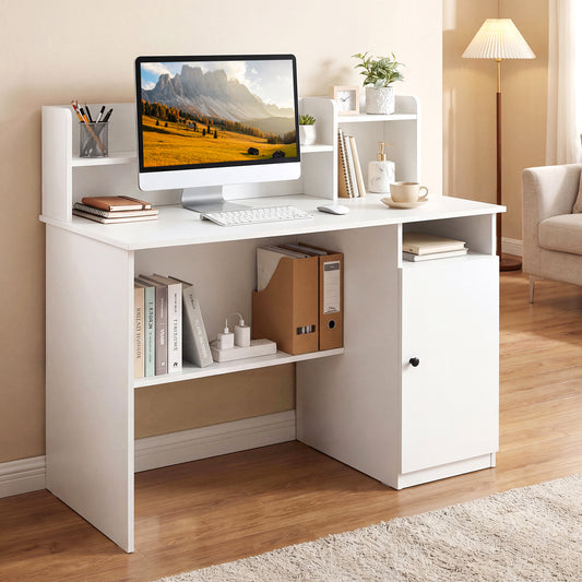 120 CM Computer Desk with Monitor Stand and Storage Cabinet-White