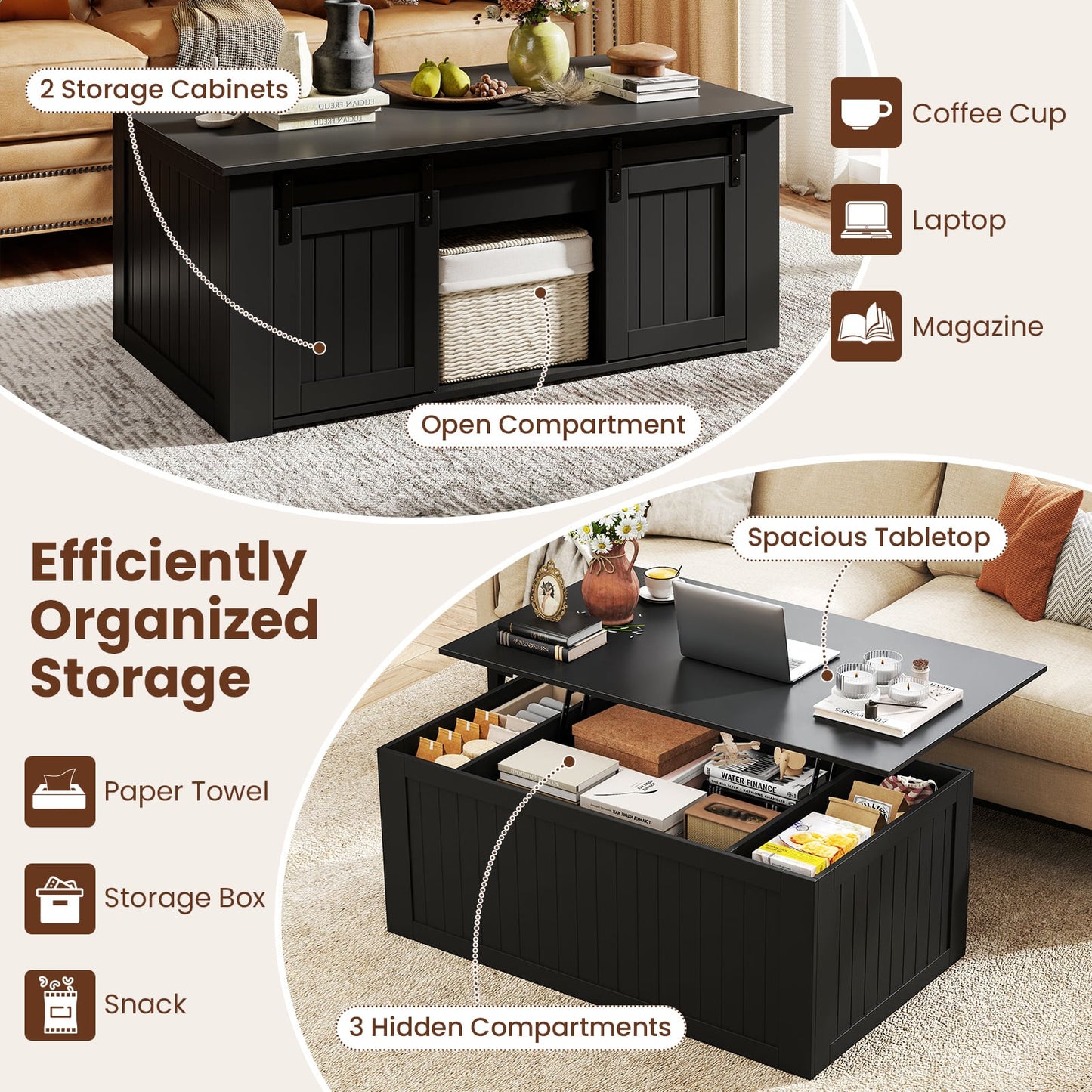 120 cm Lift Top Coffee Table with Barn Sliding Doors and Cabinets for Living Room-Blck