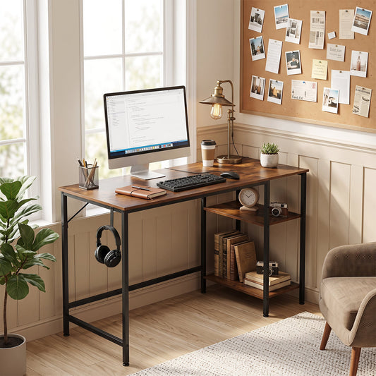 120 cm Reversible Home Office Desk with Headphone Hook and Shelves-Rustic Brown