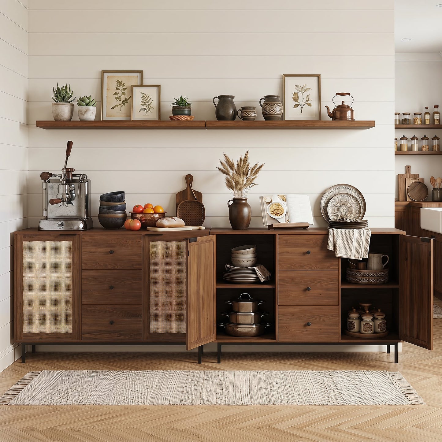 120 cm Sideboard Buffet Cabinet with Storage 2 Rattan Doors and 3 Drawers-Brown
