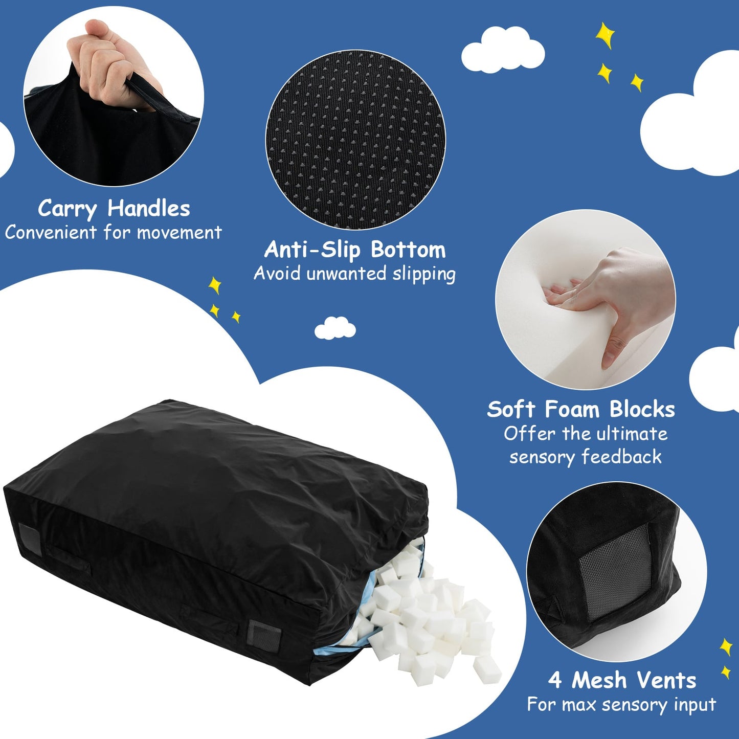 120 x 90 cm Crash Pad with Foam Blocks and Washable Velvet Cover for Play-Black