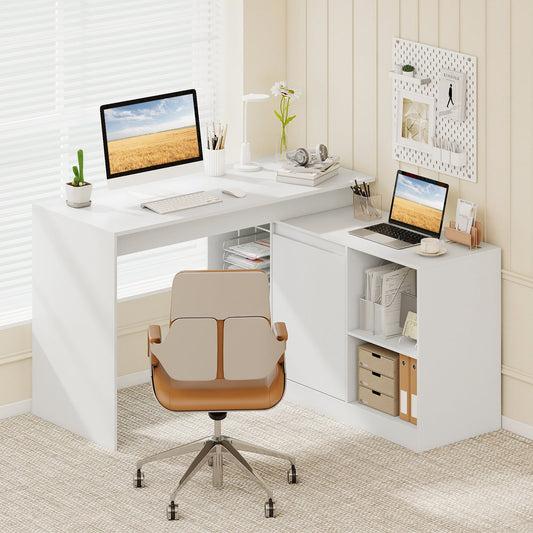 120CM Reversible Corner Writing Desk with 2-Way Cabinet-White