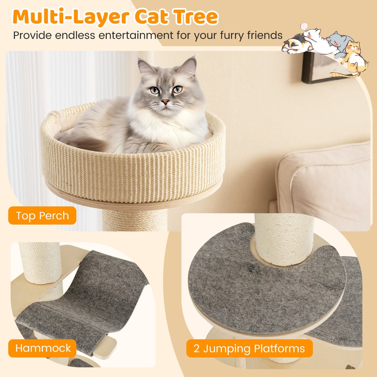 120 CM Multi-layer Cat Tower with Sisal Covered Scratching Posts and Carpet-Grey