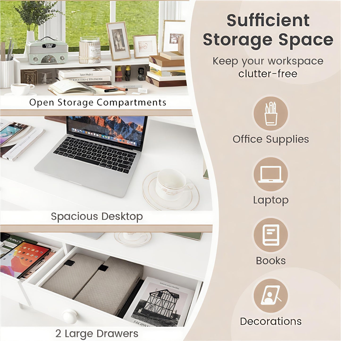 120 CM Writing Desk with Hutch and Drawers for Bedroom-White