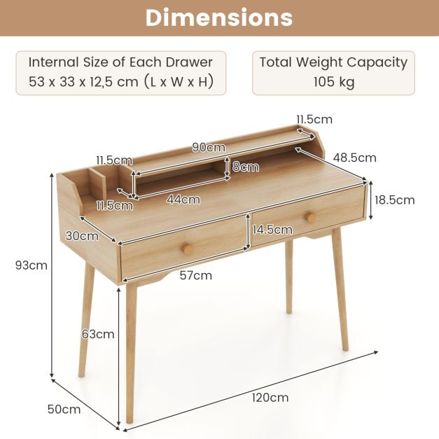 Biurko 120 CM z nadstawką i szufladami do sypialni - naturalne