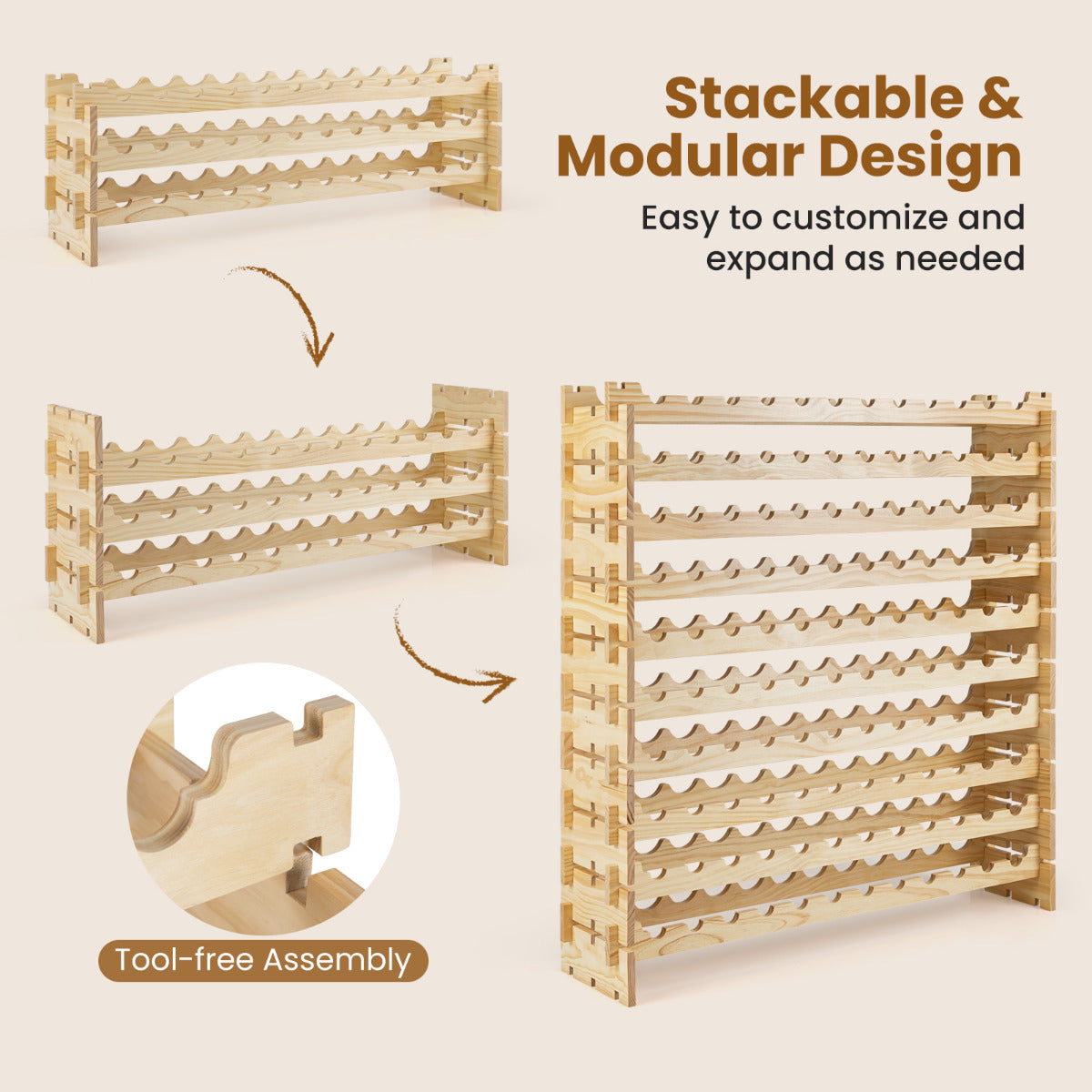 120 Bottles Wine Rack 10-Tier Stackable Wine Storage Stand-Natural
