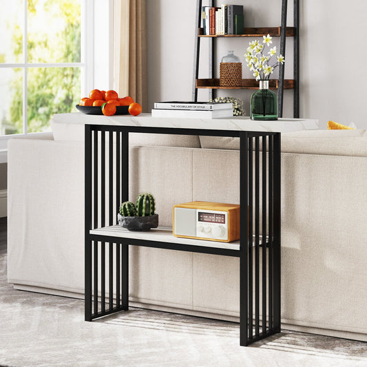 120 cm Long Narrow Console Table Faux Marble Entryway Table-White