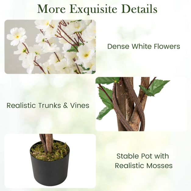 Faux Plum Blossom Plant with White Fabric Flower and Solid Wood Trunk-White