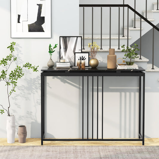 120cm Console Table Narrow Entryway Table with Faux Marble Tabletop-Black