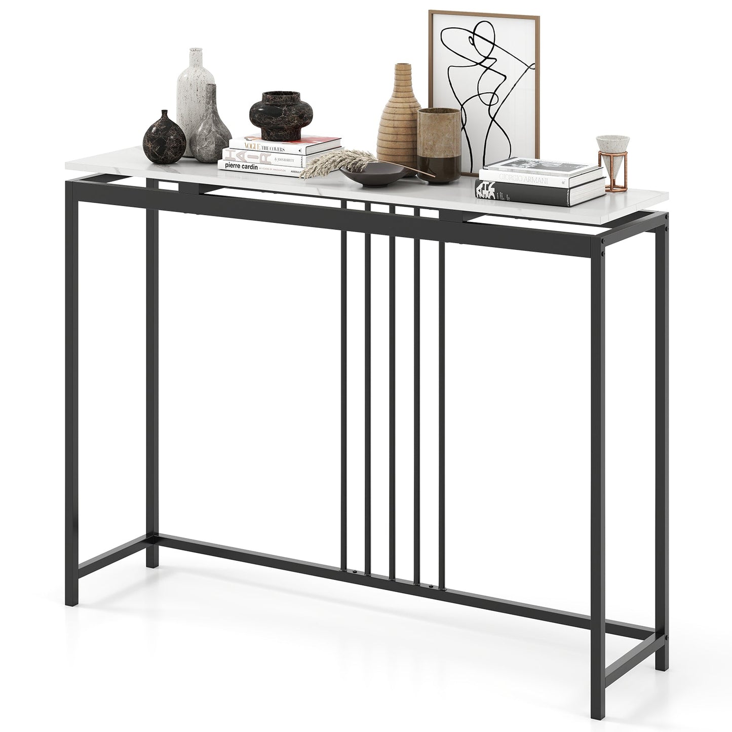 120cm Console Table Narrow Entryway Table with Faux Marble Tabletop-White