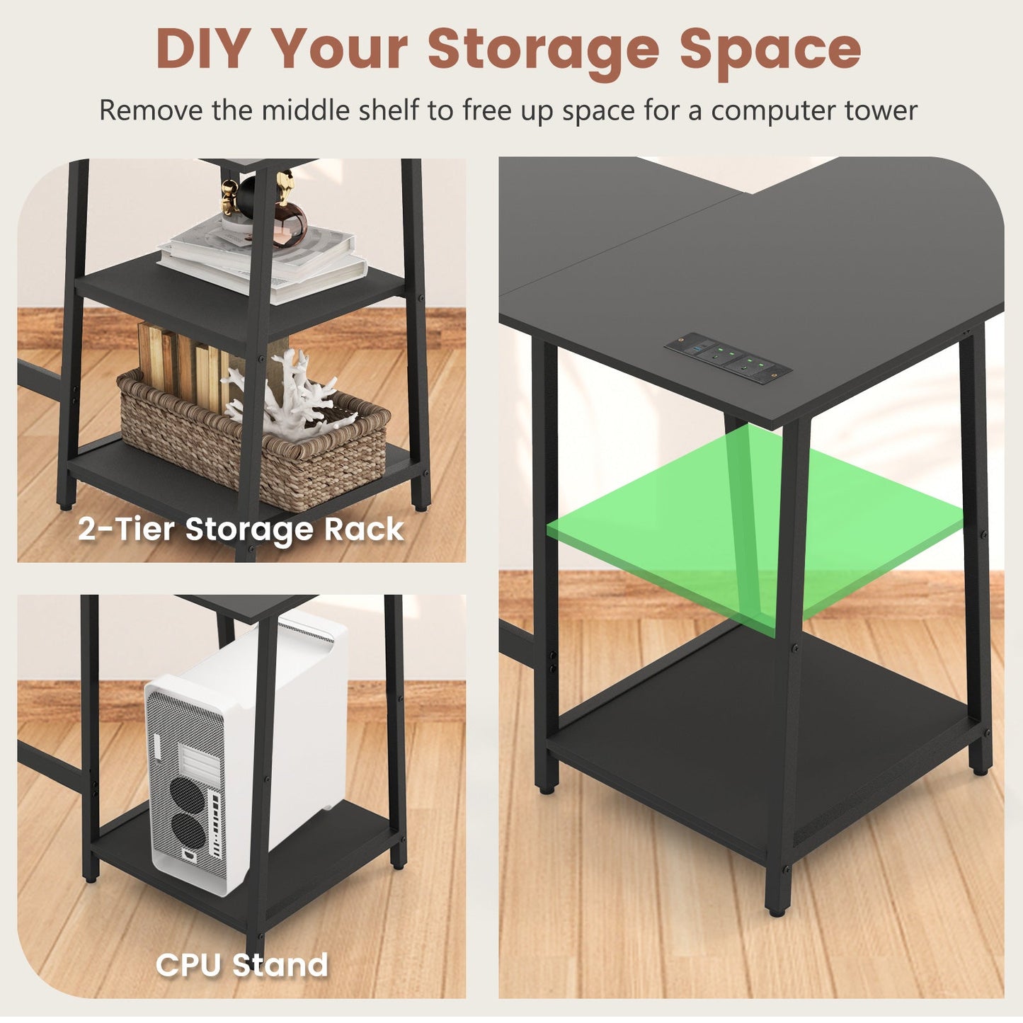 120cm L-Shaped Computer Desk Corner Study Writing Desk with Outlets-Black