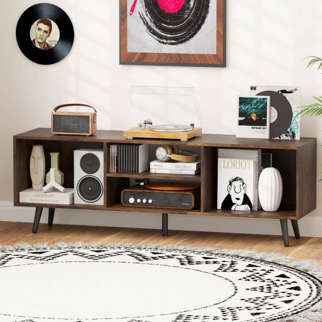 120cm Mid Century Modern TV Stand with Shelves and 5 Metal Legs-Rustic Brown