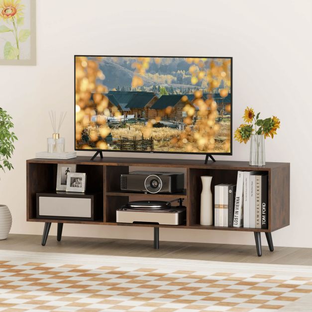 120cm Mid Century Modern TV Stand with Shelves and 5 Metal Legs-Rustic Brown