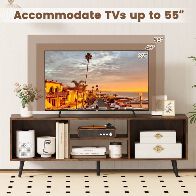 120cm Mid Century Modern TV Stand with Shelves and 5 Metal Legs-Rustic Brown