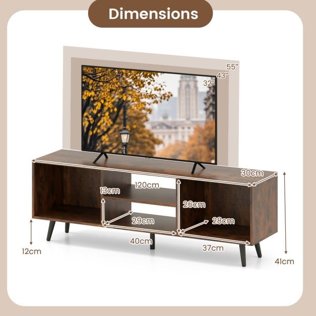 120cm Mid Century Modern TV Stand with Shelves and 5 Metal Legs-Rustic Brown